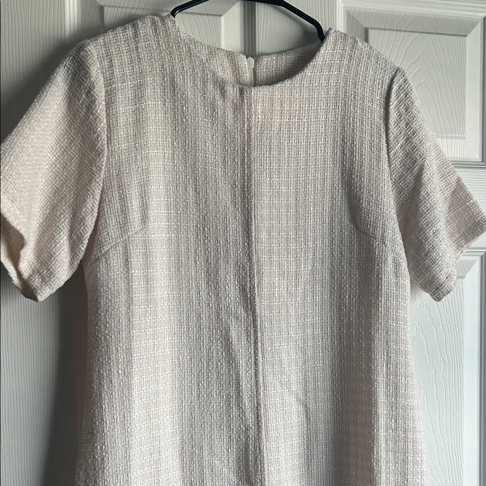 Elegant Cream Short Sleeve Dress with Fringe Hem - Picture 2 of 16